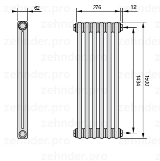 Схема (чертеж) Радиатор Zehnder Charleston 2150/6 №7610 Белый глянцевый RAL 9016